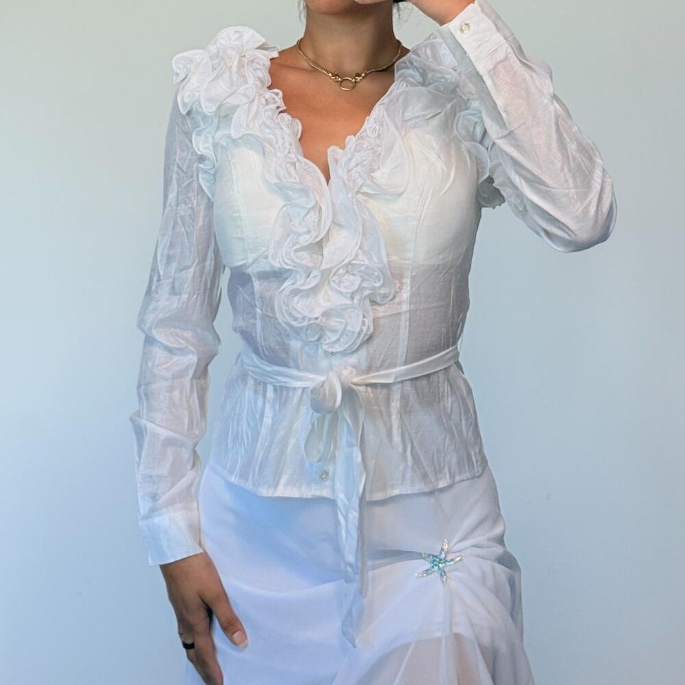 White Long Sleeve Ruffled Top L